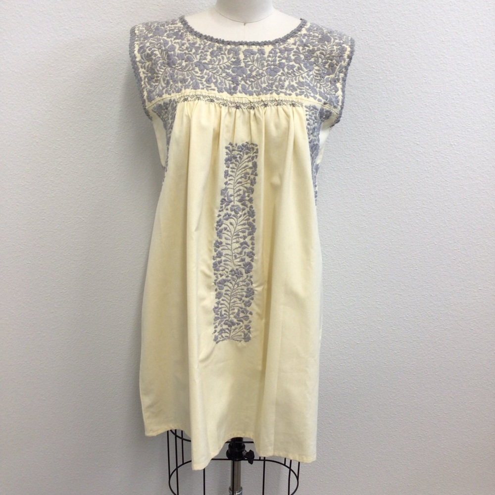 Handmade embroidered grey and cream Mexican dress